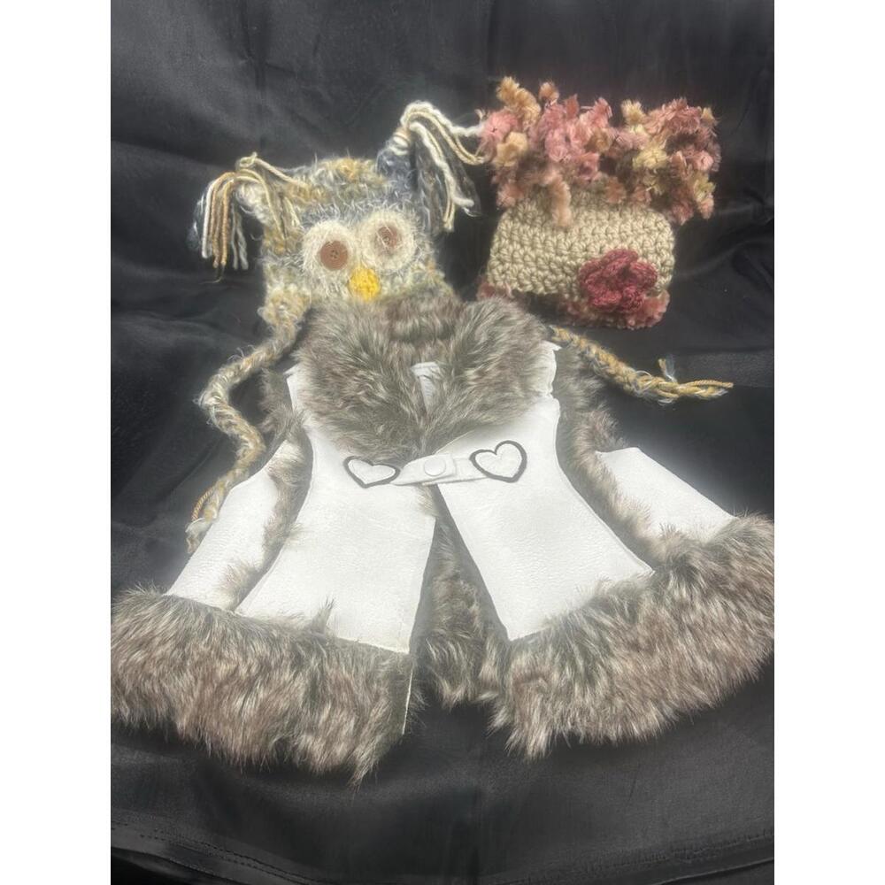 Faux Fur Vest Reversible + 2 Knit Hats Owl & Floral Winter Set Baby Girl 18 Mos.